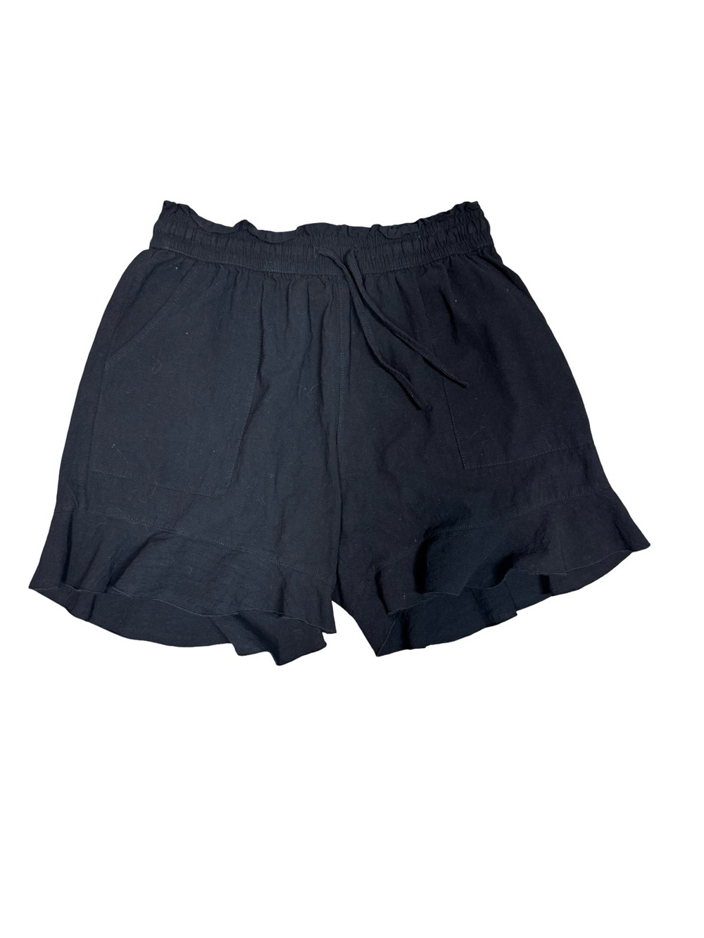 Black Linen Blend Ruffle Hem Drawstring Shorts SZ M